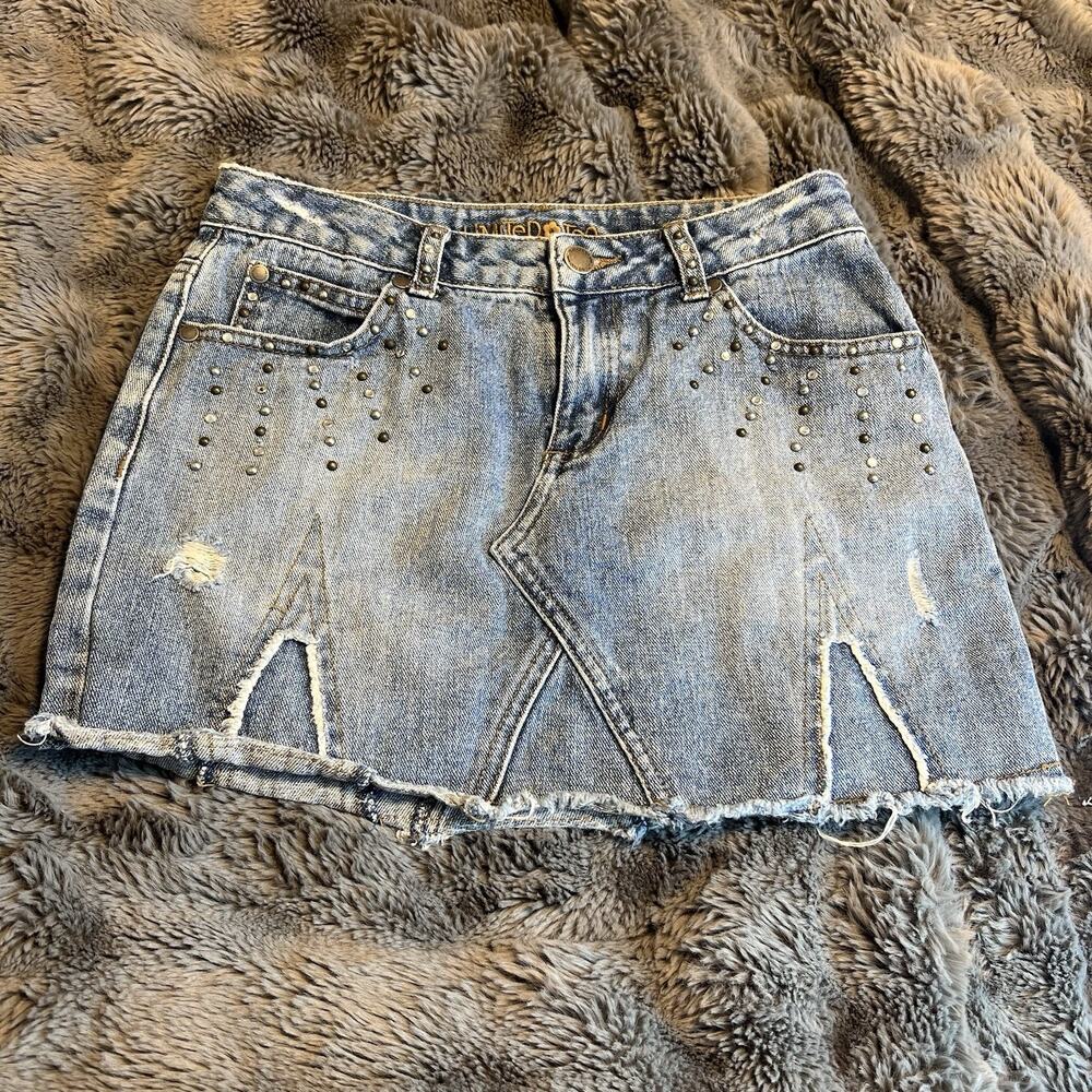 Y2k Limited Too Girls Denim Mini Skirt Size 12 Studded Distressed Lizzie Mcguire